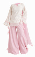 Pastel Pink & White Handcrafted Chikankari Fusion Set with Palazzo & Dupatta