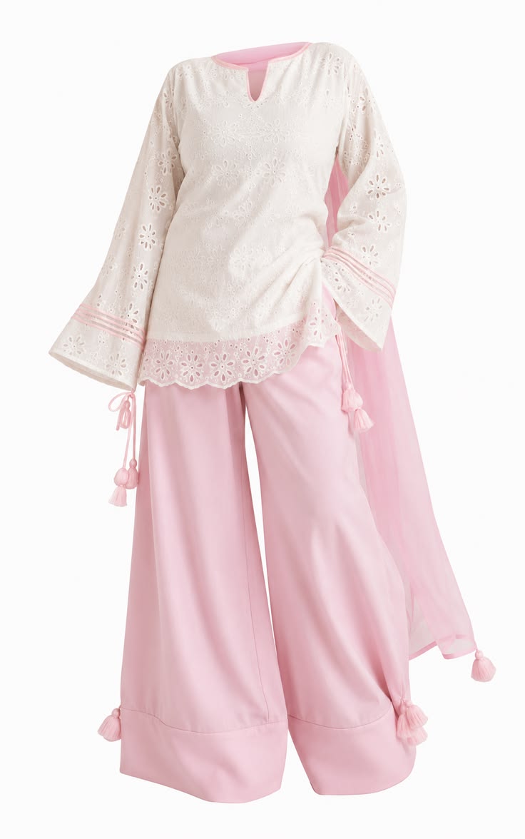 Pastel Pink & White Handcrafted Chikankari Fusion Set with Palazzo & Dupatta