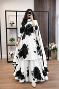 Monochrome Floral Print Anarkali Sharara