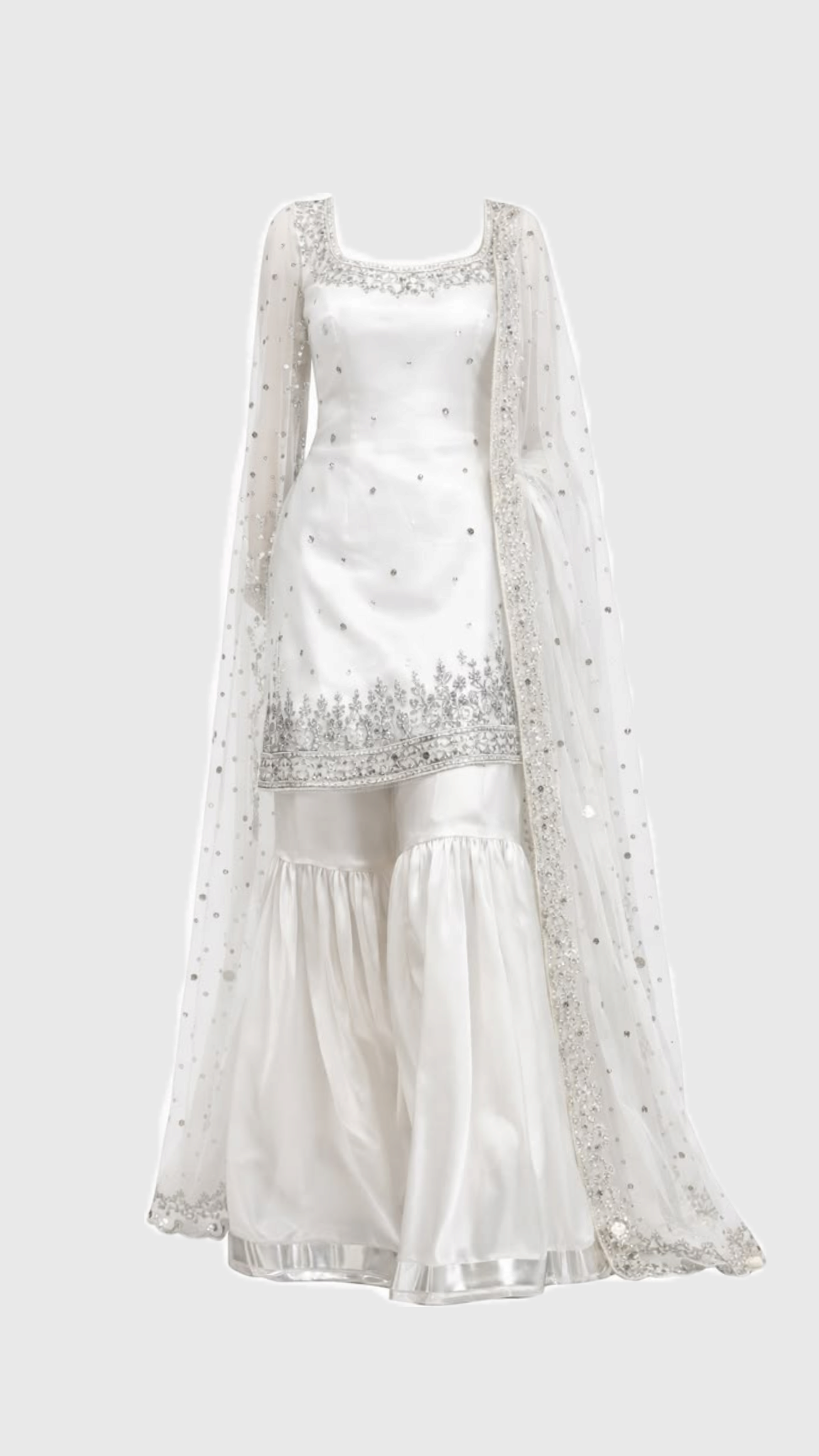 Graceful White Satin-Silk Gharara Set with Silver Sequin Embellishments